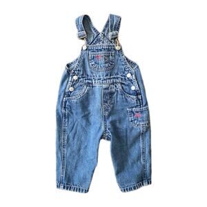 Vintage Y2K Childrens Place Denim Bib Overalls Size 6-9M Rhinestone Red Whit Blu